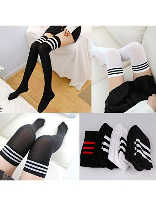 FIBO STEEL 6-9 Pairs Long Thigh High Socks for Women Striped Knee High Leg Warmers