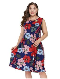 AMZ PLUS Womens Plus Size Casual Boho Sundress Summer Sleeveless Dresses