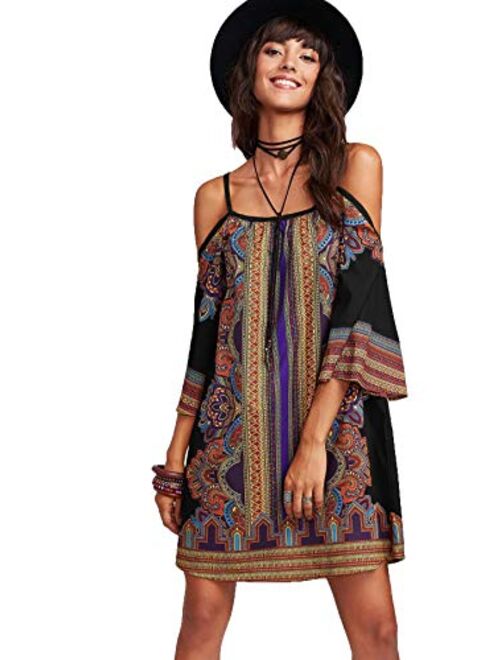 Milumia Women's Vintage Print Kimono Sleeve Geometric Tunic Boho Dress