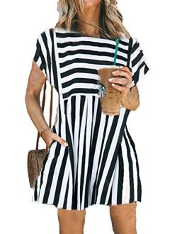 Naggoo Womens Summer Striped Short Sleeve T-Shirt Dresses Casual Swing Aline Dresses with Pocket