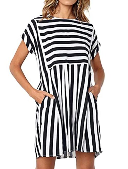 Naggoo Womens Summer Striped Short Sleeve T-Shirt Dresses Casual Swing Aline Dresses with Pocket