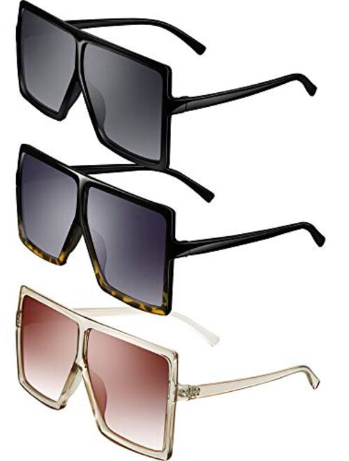3 Pieces Oversized Square Sunglasses Flat Top Fashion Shades Oversize Sunglasses (Dark Grey, Bean Color, Light Brown)