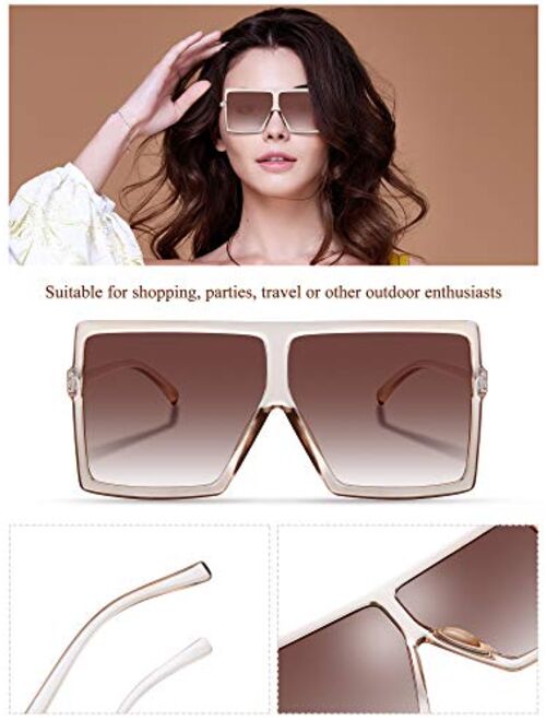 3 Pieces Oversized Square Sunglasses Flat Top Fashion Shades Oversize Sunglasses (Dark Grey, Bean Color, Light Brown)