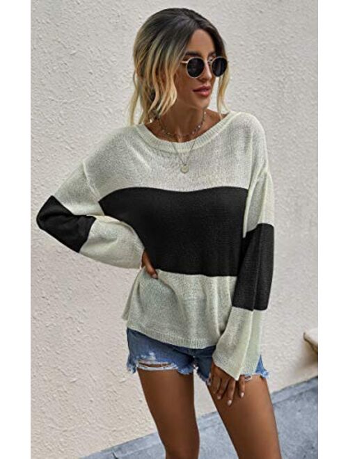 Angashion Womens Color Block Long Sleeve Sweatshirt Crew Neck Lightweight Pullover Beach Cover Loose Knit Sweater Tops