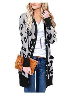 II ININ Women Long Sleeve Open Front Leopard Print Cardigan Snap Button Down Knit Sweater Coat Casual Outwear with Pocket