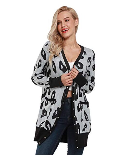 II ININ Women Long Sleeve Open Front Leopard Print Cardigan Snap Button Down Knit Sweater Coat Casual Outwear with Pocket