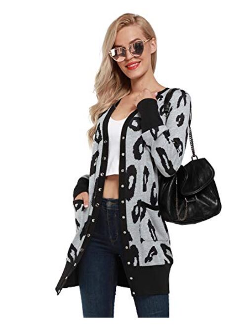 II ININ Women Long Sleeve Open Front Leopard Print Cardigan Snap Button Down Knit Sweater Coat Casual Outwear with Pocket