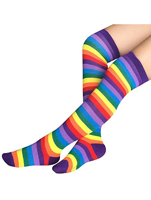 Womens Rainbow Socks Striped Knee High Socks Arm Warmer Fingerless Gloves Set