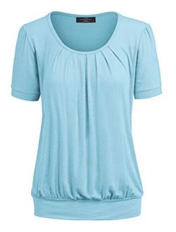 Women's Scoop Neck Short Sleeve Front Pleated Blouse Tunic top S-3XL Plus Size Made in U.S.A.