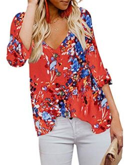 BLENCOT Women's Button Down V Neck Long Sleeve Shirts Tops Casual Loose Blouses