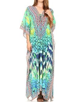 Sakkas Georgettina Flowy Rhinestone V Neck Long Caftan Dress/Cover Up