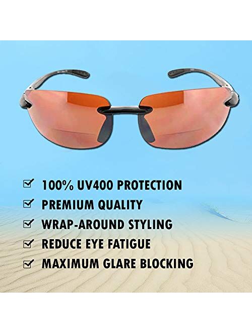 Fiore Island Sol Bifocal Sunglasses Rimless TR90 Sun Reading Glasses Bi Focal Readers For Men And Women | 100% UV Protection
