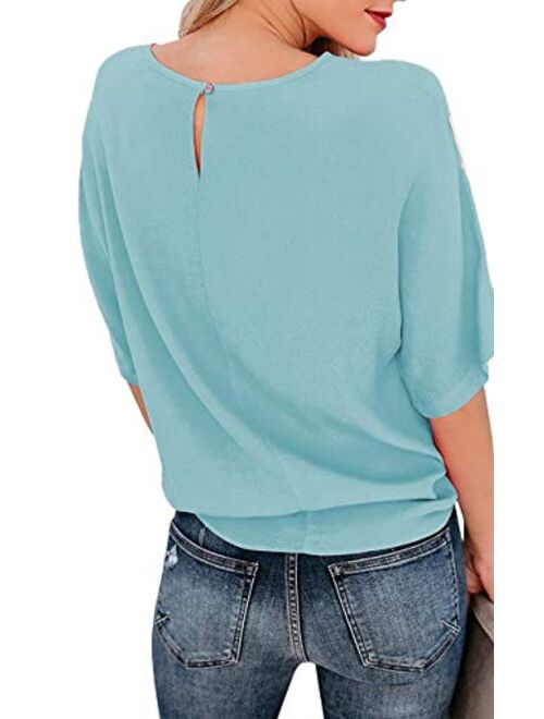 OURS Women's Casual Knot Tie Front Half Sleeve Summer T Shirt Blouses Tops