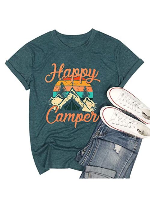 Happy Camper Shirt for Women Funny Cute Graphic Tee Short Sleeve Letter Print Casual Tee Shirts