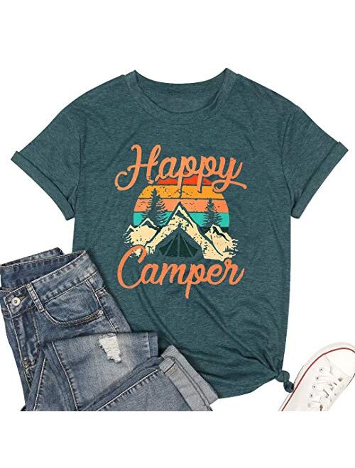 Happy Camper Shirt for Women Funny Cute Graphic Tee Short Sleeve Letter Print Casual Tee Shirts