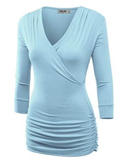 Lock and Love Women's 3/4 Sleeve Cross Front Wrapped V Neck Top S-3XL Plus Size -Made in U.S.A.