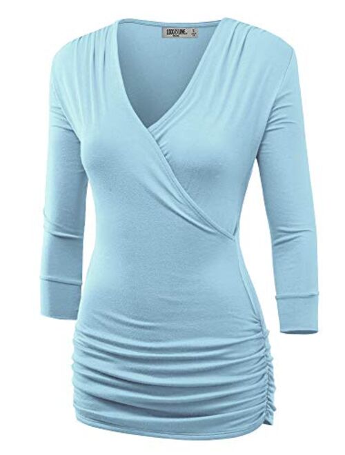 Lock and Love Women's 3/4 Sleeve Cross Front Wrapped V Neck Top S-3XL Plus Size -Made in U.S.A.