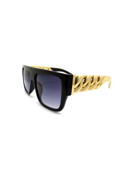 moda High Fashion Metal Chain Arm Flat Top Aviator Sunglasses (Shiny Black Gold), Large