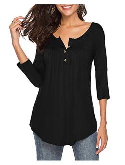 THANTH Womens Shirts Casual Tee V Neck 3/4 Sleeve Button up Loose Fits Tunic Tops Blouses