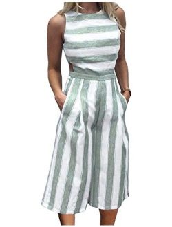 FANCYINN Womens Striped Jumpsuits Sleeveless Wide Leg Pants Backless Romper Loose Playsuit with Pockets