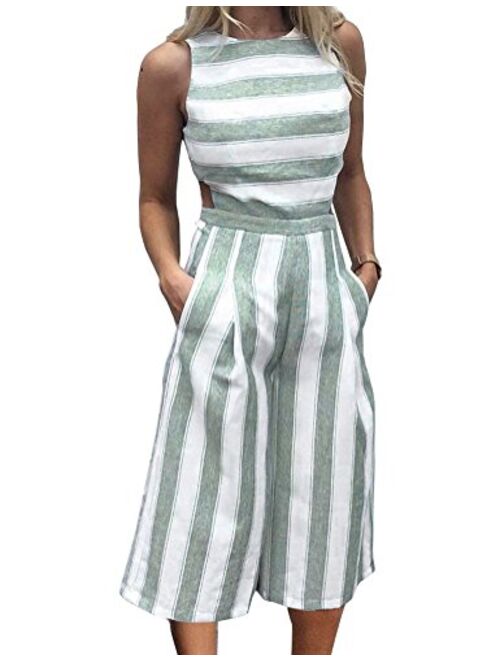FANCYINN Womens Striped Jumpsuits Sleeveless Wide Leg Pants Backless Romper Loose Playsuit with Pockets