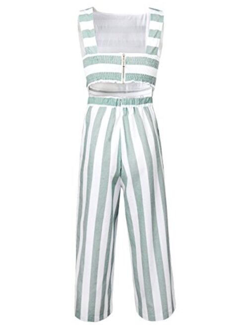 FANCYINN Womens Striped Jumpsuits Sleeveless Wide Leg Pants Backless Romper Loose Playsuit with Pockets