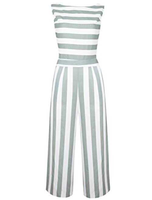 FANCYINN Womens Striped Jumpsuits Sleeveless Wide Leg Pants Backless Romper Loose Playsuit with Pockets