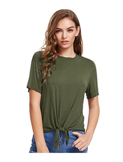 Romwe Women's Short Sleeve Tie Front Knot Casual Loose Fit Tee T-Shirt