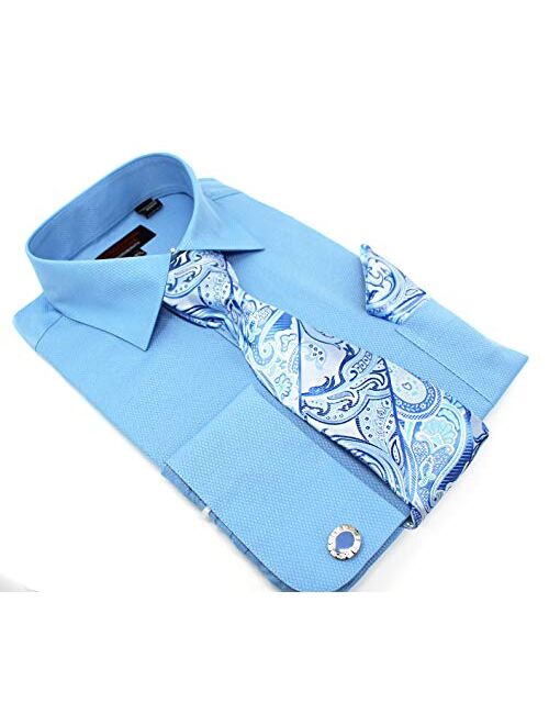 Christopher Tanner Men's Solid Micro Pattern Regular Fit French Cuffs Dress Shirts with Tie Hanky Cufflinks Combo