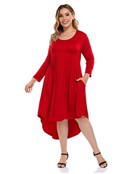 AMZ PLUS Womens Plus Size Dresses Loose Flare High Low Casual Midi Floral Dresses with Pockets