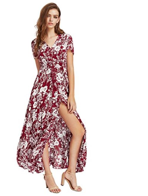 Milumia Short Sleeve Button Up Floral Print  Front Slit Flowy Maxi Party Dress