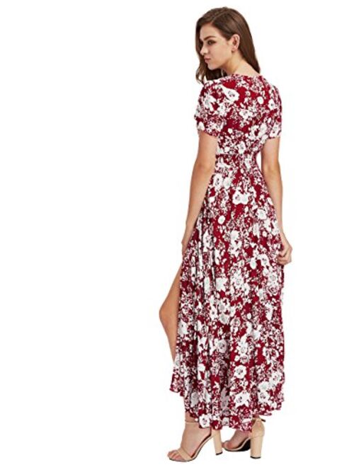 Milumia Short Sleeve Button Up Floral Print  Front Slit Flowy Maxi Party Dress