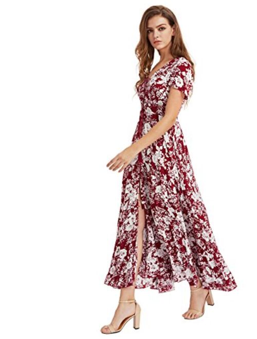 Milumia Short Sleeve Button Up Floral Print  Front Slit Flowy Maxi Party Dress