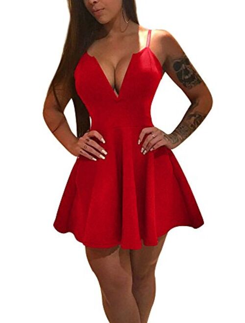 TOB Women's Sexy Pleated Sleeveless Spaghetti Strap Mini Club Dress