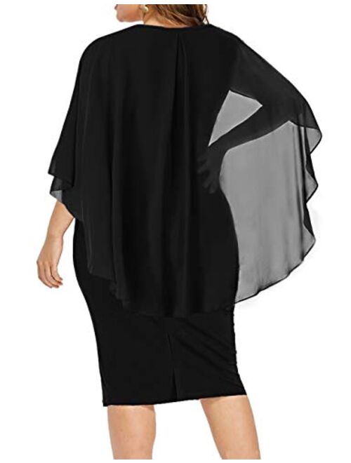 LALAGEN Womens Chiffon Plus Size Ruffle Flattering Cape Sleeve Bodycon Party Pencil Dress S-XXXL