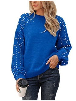 Women's Chunky Sweater Crewneck Sweatshirt Knit Lantern Sleeve Oversized Pullover Sweater with Pearls