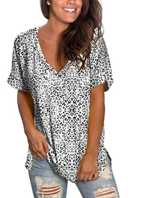 liher Women's Tshirts Casual V Neck Short Sleeve Loose Summer Tunic Tops