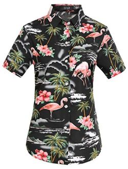 SSLR Women's Flamingos Floral Casual Short Sleeve Hawaiian Shirt