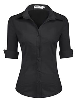 Womens 3/4 Sleeve Basic Button Down Shirt Slim Fit Cotton Dress Shirts