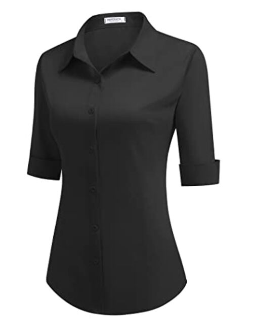 Hotouch Womens 3/4 Sleeve Basic Button Down Shirt Slim Fit Cotton Dress Shirts