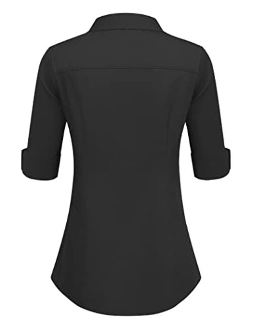 Hotouch Womens 3/4 Sleeve Basic Button Down Shirt Slim Fit Cotton Dress Shirts