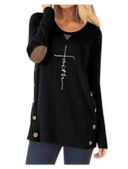 ZILIN Women's Faux Suede Elbow Patch T-Shirt Long Sleeve Letter Print Tunic Shirts Tops