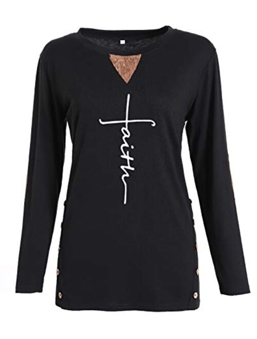 ZILIN Women's Faux Suede Elbow Patch T-Shirt Long Sleeve Letter Print Tunic Shirts Tops