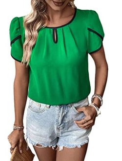 Women's Casual Pleated Petal Cap Sleeve Round Neck Keyhole Blouse Top