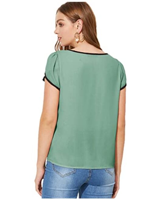 Milumia Women's Casual Pleated Petal Cap Sleeve Round Neck Keyhole Blouse Top