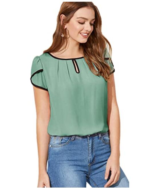Milumia Women's Casual Pleated Petal Cap Sleeve Round Neck Keyhole Blouse Top