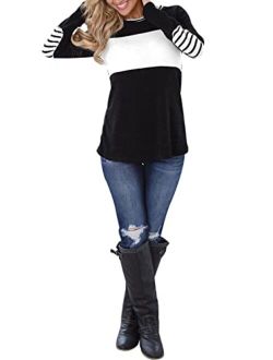 Women's Long Sleeve Round Neck Elbow Patched Color Block Stripe Shirt Tops