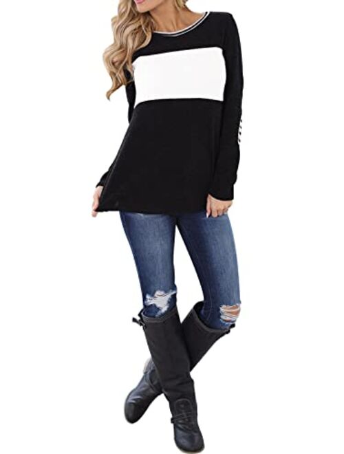 Blooming Jelly Women's Long Sleeve Round Neck Elbow Patched Color Block Stripe Shirt Tops