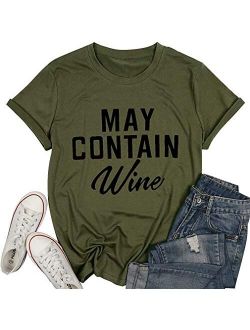 May Contain Wine T Shirt Alcohol Shirts Womens Letter Print Tops Funny Drinking Shirt Casual Short Sleeve Graphic Tees Top
