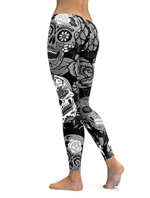 sissycos Women's Sugar Skull Printed Leggings Brushed Buttery Soft Ankle Length Tights